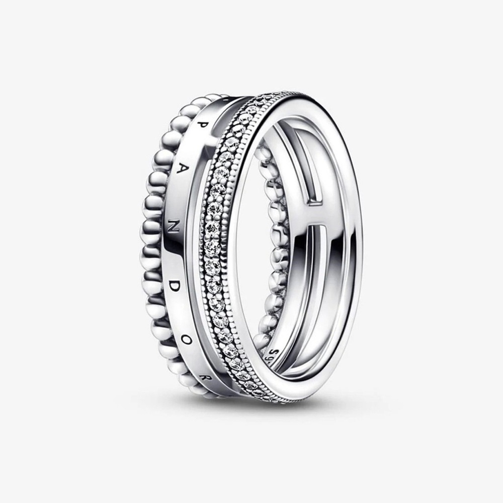 S925 Sterling Silver Pandora Signature Logo Pavé & Beads Ring SIZE 8